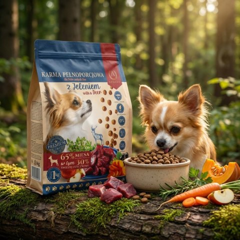 SUCHA KARMA Z JELENIEM DLA PSÓW MAŁYCH RAS 1KG MAŁE CHRUPKI HIPOALERGICZNA