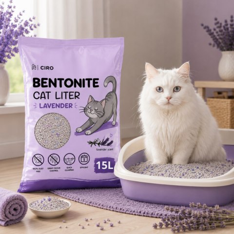ŻWIREK BENTONITOWY LAWENDOWY DLA KOTA 15L ZBRYLAJĄCY NATURALNY BEZPYŁOWY