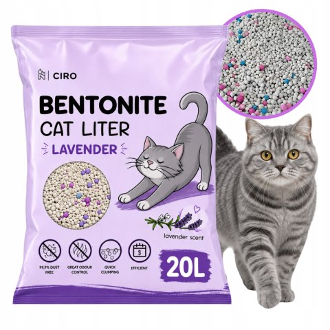 ŻWIREK BENTONITOWY LAWENDOWY DLA KOTA 20L ZBRYLAJĄCY NATURALNY BEZPYŁOWY