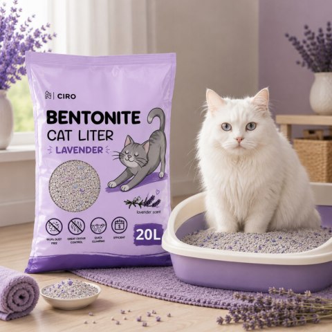 ŻWIREK BENTONITOWY LAWENDOWY DLA KOTA 20L ZBRYLAJĄCY NATURALNY BEZPYŁOWY
