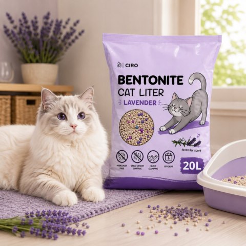 ŻWIREK BENTONITOWY LAWENDOWY DLA KOTA 20L ZBRYLAJĄCY NATURALNY BEZPYŁOWY