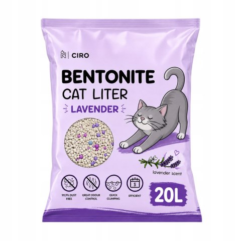 ŻWIREK BENTONITOWY LAWENDOWY DLA KOTA 20L ZBRYLAJĄCY NATURALNY BEZPYŁOWY